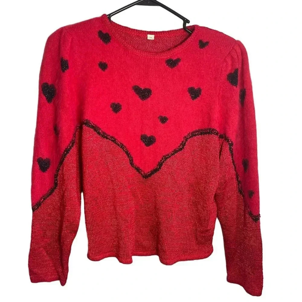 Red Black Heart Pattern Soft Pullover Shoulder Pad Sweater Women's Size 44